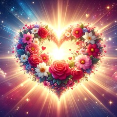 Heart of flowers in radiant light