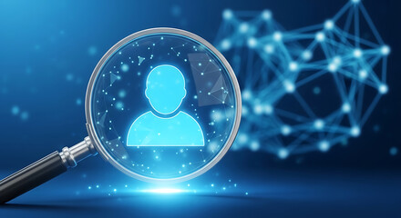 Magnifying glass focuses on a generic user icon with network connections in the background, illustrating data analytics or social network analysis on a blue gradient background.