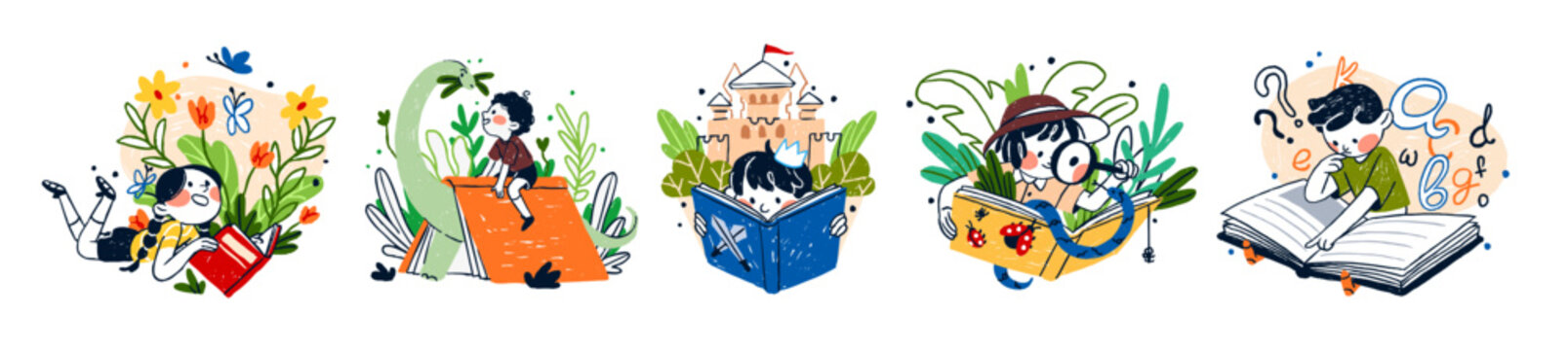 Naklejki Set of happy kids reading paper books. Cute children are learning with textbooks. Little boys and girls enjoy fairy tales, novels and stories. Flat isolated hand drawn vector illustrations on white.