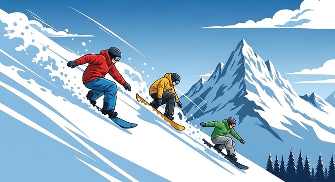 Snowboarders Ride Downhill.