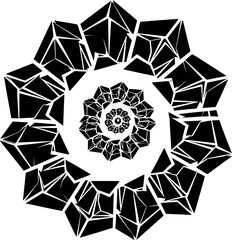Hypnotic infinite spiral of shattered black rock shapes in a circular pattern, an abstract geometric vector graphic design asset