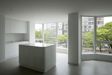 Obraz premium A bright, modern kitchen with large windows showcasing a city view, presenting a spacious and minimalist design.