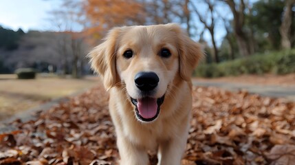 A cheerful golden retriever dog happily exploring a scenic autumn landscape filled with fallen leaves and natural surroundings.