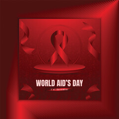 Flat banner of world aids day December 1 with ribbon, world map, and text. United with the Red Ribbon, Global Hope & Compassion.	