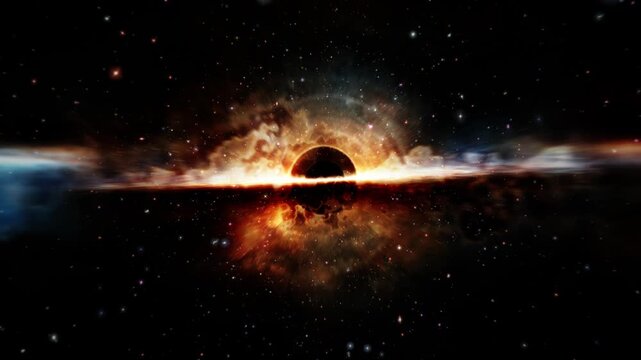 4K 3D Loop blackhole galaxy space travel in outer space science fiction abstract background.  Glow gold orange cloud spce galaxy travel abstract digital animation in deep space.