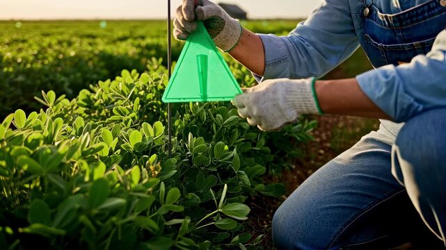 Medium shot of a farmer deploying pheromone traps among peanut crops illustrating natural pest management techniques in organic agriculture.