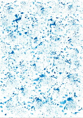 An abstract painting in blue and white. Watercolor spots and splashes are scattered chaotically across the surface. The painting resembles the traces of water droplets on glass.