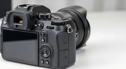 A closeup shot of a black camera body with a lens attached, showcasing its design and features, isolated on white background, highlighting its sleek and modern aesthetic