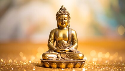 Golden Buddha statue in a meditative pose against an abstract blurred background
