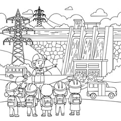 Obraz premium A group of children learning about hydroelectric power at a dam with a guide explaining the process involved.