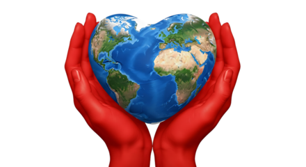 Red hands holding a heart-shaped Earth globe Keywords: hands, holding, heart, earth, globe