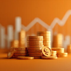 Golden coins stacked with dollar symbol and blurred financial growth chart in background representing investment and economic prosperity
