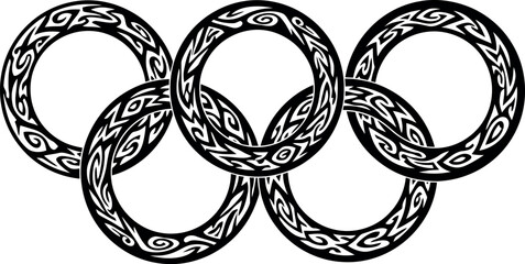 Five interlocking rings with an intricate black and white ornamental tattoo pattern symbolizing global unity and athletic competition
