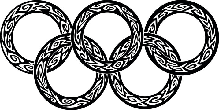 Five interlocking rings with an intricate black and white ornamental tattoo pattern symbolizing global unity and athletic competition