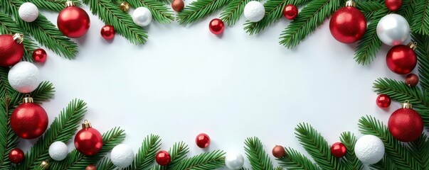 Festive red, green, white ornaments & branches form a Christmas border ,  illustration,  graphic,  background