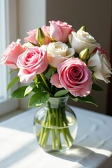 Fresh pink and white flower bouquet, elegantly displayed on white linen , home decor, summer