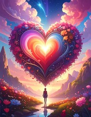 Heart-shaped floral landscape with figure