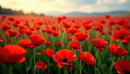 Hundreds of scarlet poppies blanket the ground, a sea of color , plant, scarlet, crimson