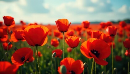 Hundreds of scarlet poppies blanket the ground, a sea of color , image, bright