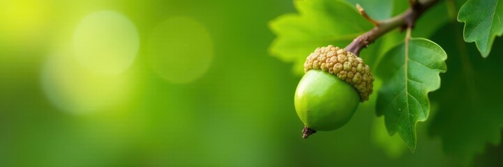 Immature green acorn clinging to oak branch, summer foliage , vibrant, outdoors