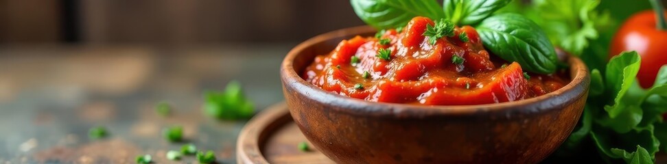Rustic bowl, vibrant tomato paste, fresh veggies ,  tasty,  photography
