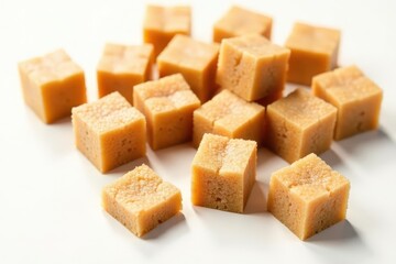 Several brown sugar cubes, pristine white backdrop, dessert, product photography