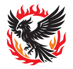 Phoenix bird in flight, black and red vector emblem with flame wings