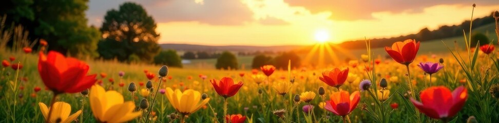 Sun-drenched meadow, wildflowers ablaze with sunset hues, photography, royalty free