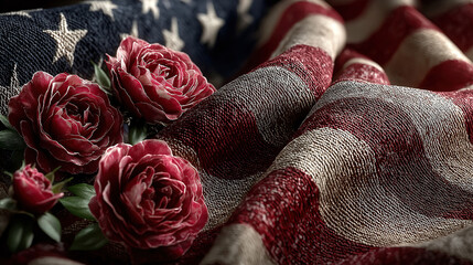 Memorial day and veterans day celebrated with a US flag and roses in respectful display
