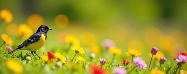 Wagtail perched on vibrant wildflowers, sunny meadow,  idyllic,  fauna