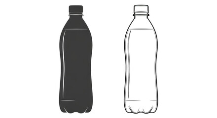 A black silhouette and a line drawing of a plastic beverage bottle side by side on a transparent background