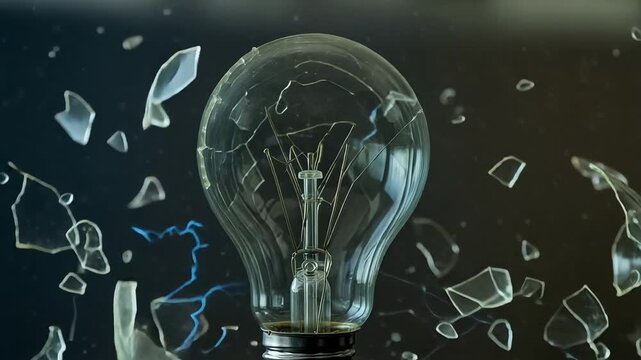 Dynamic electricity arcing through a shattered lightbulb, powerful energy crackling and breaking glass, innovative concept of disruption