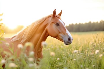 Fototapeta premium Majestic horse running through golden meadow at sunrise