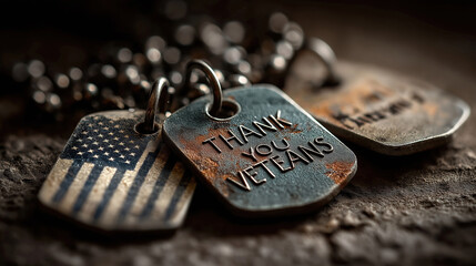 A blurred american flag behind veterans dog tags reading thank you veterans showing gratitude