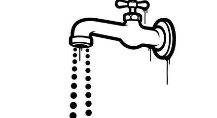 A black and white line drawing of a faucet with water dripping from its spout onto a transparent background