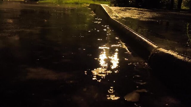 Atmospheric video of rainstorm in a night city.Heavy rain passing through puddles taken from low point. Large drops break on the pavement in the light of street lamps.