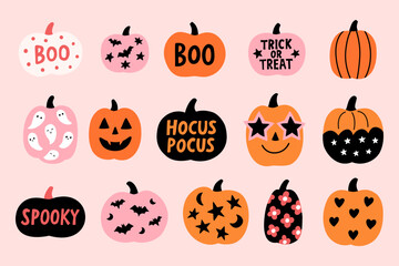 Halloween pumpkins set with doodles spooky faces and words like boo spooky hocus pocus trick or treat with bats ghosts flowers hearts stars jack o lantern