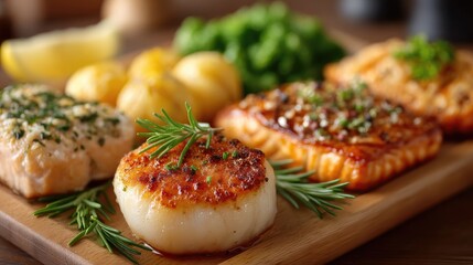 Grilled Seafood Platter Close Up with Salmon Scallops Potatoes Peas and Lemon on Wooden Board with Rosemary Herbs in Warm Cinematic Lighting