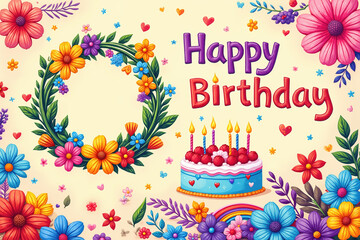 Vibrant illustration featuring a blue cake with candles, surrounded by flowers, hearts, and a rainbow on a cream background.