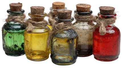 Set of 5 creepy potion flasks, isolated on transparent background 