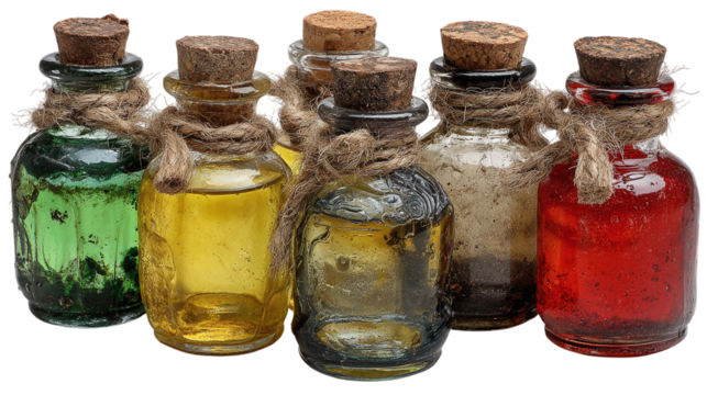 Set of 5 creepy potion flasks, isolated on transparent background 