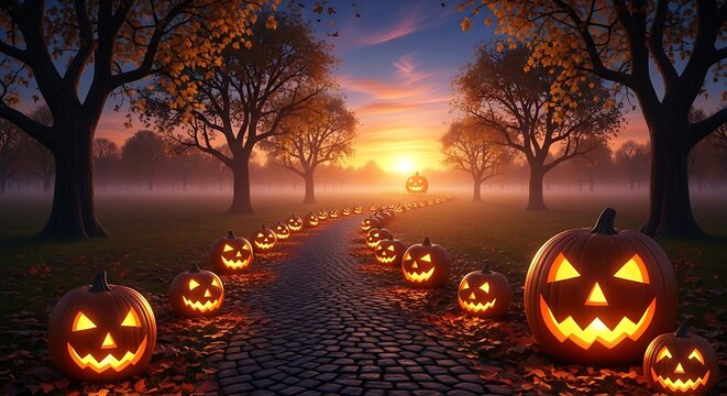 Spooky halloween night with glowing pumpkins lining a path in a misty landscape