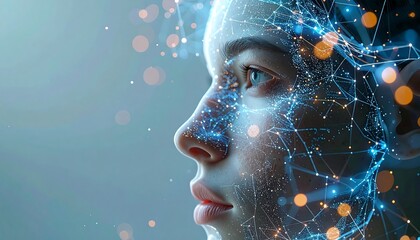 A digital portrait of a woman with a network of glowing connections overlaying her face, symbolizing artificial intelligence and the fusion of humanity and technology