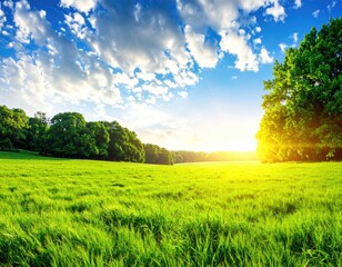 Obraz premium Lush green field bathed in golden sunlight, with trees and a vibrant sky
