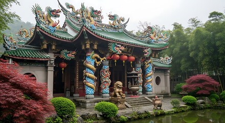 Obraz premium Temple with Green Roof, and Pond.