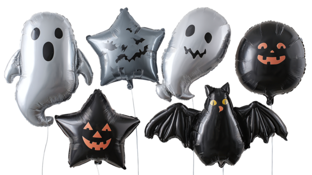 Set of 5 Halloween balloons in different shapes, isolated on transparent background - Powered by Adobe