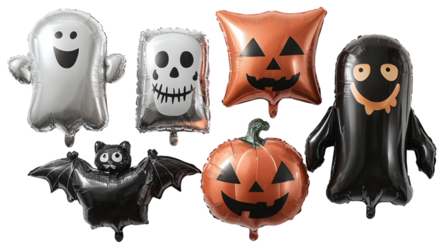 Set of 5 Halloween balloons in different shapes, isolated on transparent background