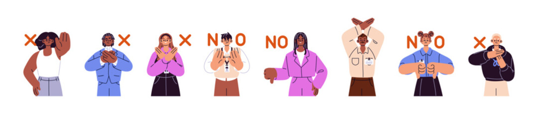 People refuse set. Characters say No, Not, Stop with X hand gesture. Men and women cross arms, thumbs down for negative answer, denial, disagree. Flat isolated vector illustrations on white background