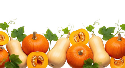 A variety of pumpkins and gourds of different shapes and colors, along with green leaves and vines, arranged in a border on a transparent background