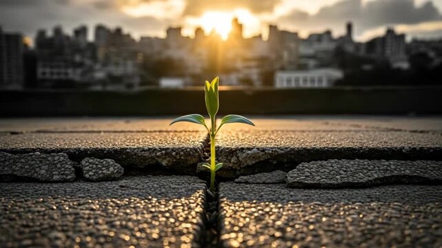 Determined plant sprout growing through cracked asphalt toward setting sun and cityscape, symbol of overcoming obstacles footage.